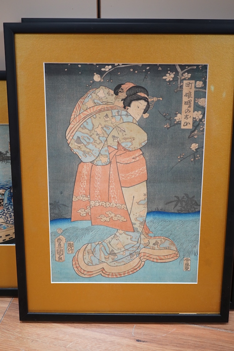 Eleven Japanese block prints framed as five, signatures include Utagawa Kunisada, Utagawa Kunisada II, Utagawa Yoshiharu, and Toyohara Kunichika. Condition - good